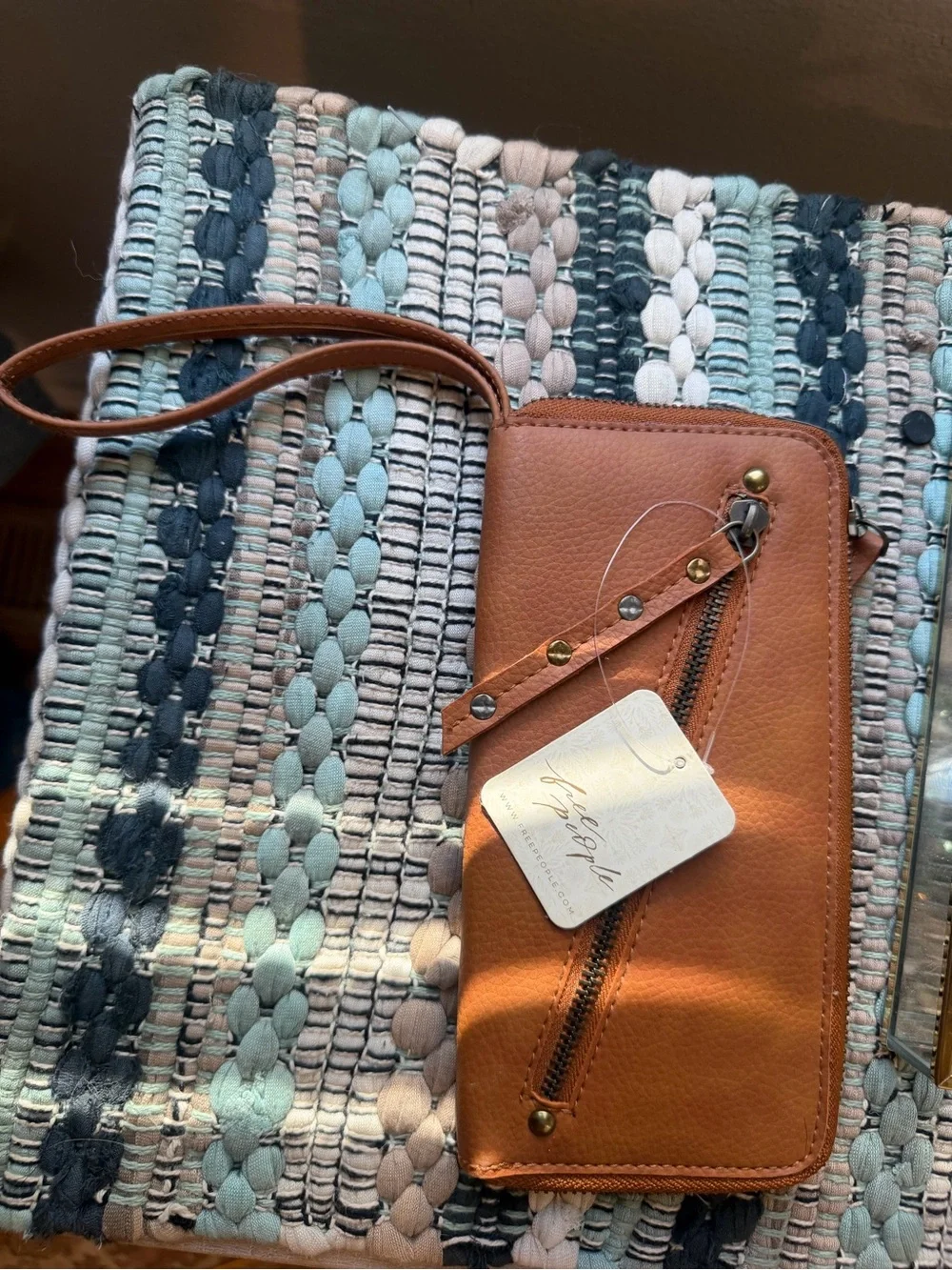 Free People NWT Genuine Leather Wristlet Wallet | Cognac Brown Zip Around Clutch